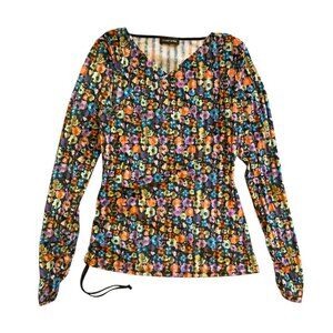 Stine Goya Floral Velvet Wrap Front Ruched Long Sleeve Line Top Multicolor Small